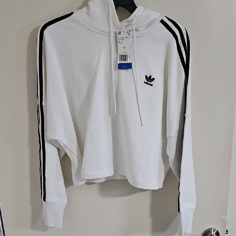 Adidas White Boxy Crop Sweatshirt with Black Stripes
